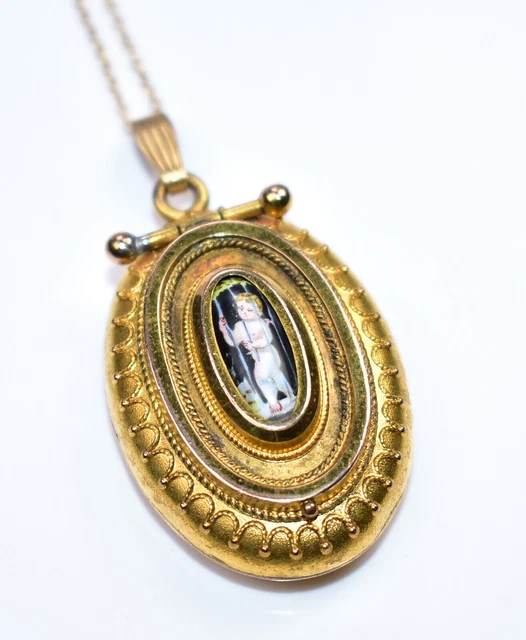 MAGNIFICENT! Victorian ETRUSCAN Hand Painted CHERUB Locket Necklace