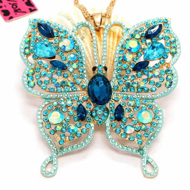 Hot Blue Bling Rhinestone Flower Butterfly Pendant Fashion Women Chain Necklace