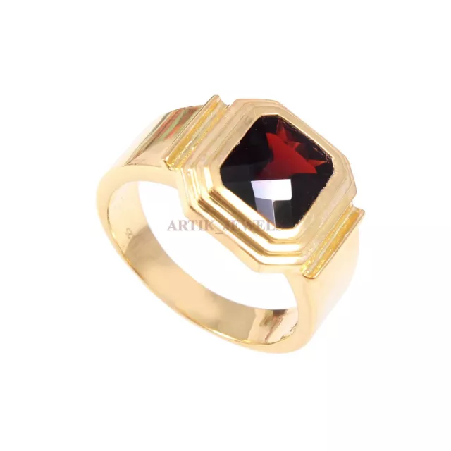 Natural Garnet Gemstone With 14K Gold Plated Silver Ring for Men's #881 2
