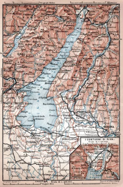Lago di Garda,dintorni di Riva.Carta topografica.Stampa antica.Passepartout.1899