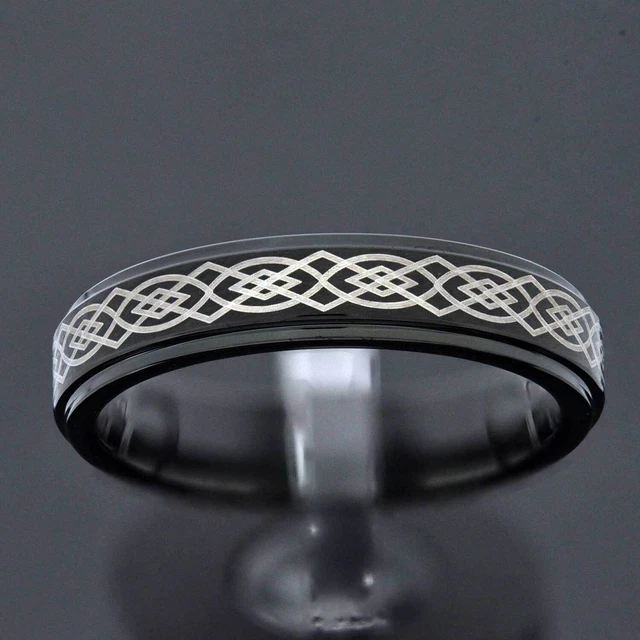 5mm Tungsten Carbide Black Celtic Scroll Etch Step Edge Men Wedding Ring