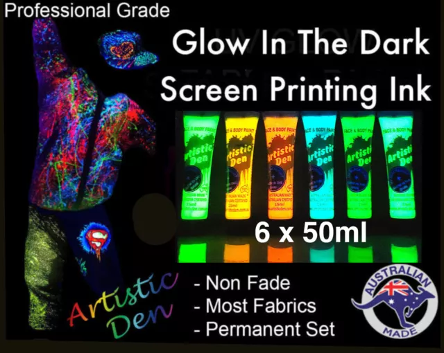 Glow In The Dark Screen Printing 6 x 50ml Uv Glow Screen Ink Permaset Compatible