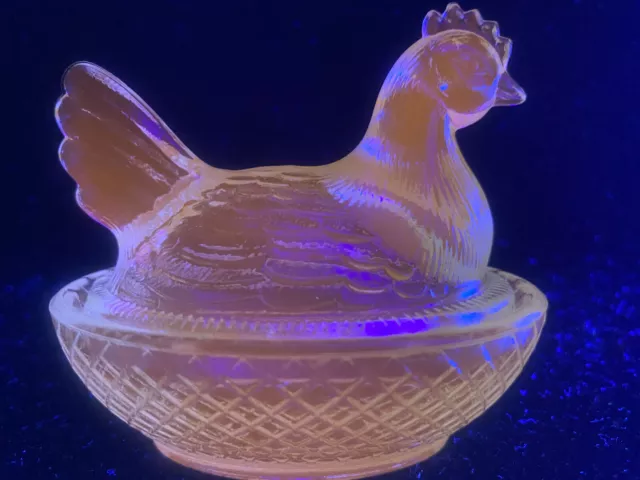 Blue Vaseline Uranium glass Hen Chicken on nest basket Easter eggs Magnesium art