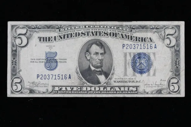 $5 1934C blue seal Silver Certificate Circulated P20371516A Exact Note Shown