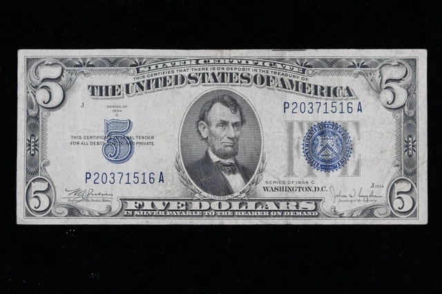 $5 1934C blue seal Silver Certificate Circulated P20371516A Exact Note Shown