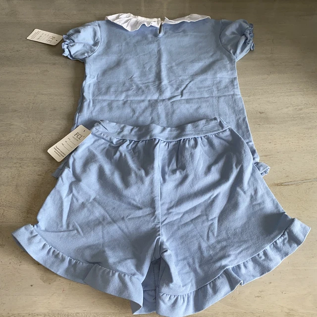 Girls Summer Bundle Shorts Top Outfit Age 9 10 Y White Blue Ruffle Spanish Set 3