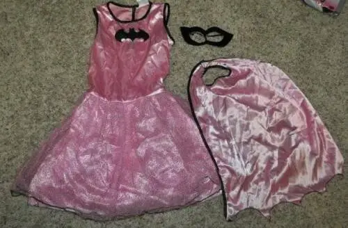 Girls Batgirl Pink Dress, Cape & Mask 3 Pc Halloween Costume-sz 8/10