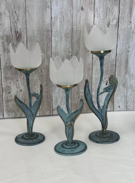 Vintage MCM Flower Stem Brass Patina Tulip Candle Holder Set Table Decor 1997