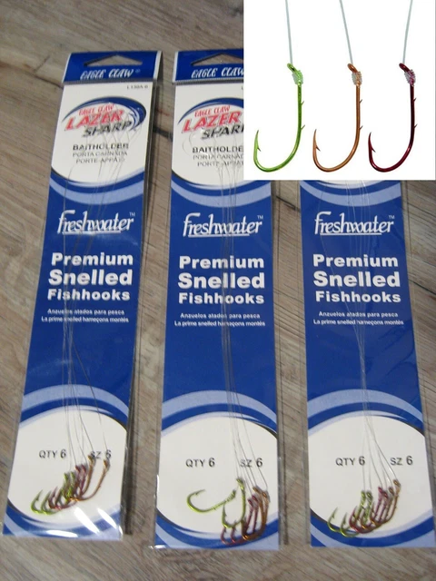 18 SNELLED FISH HOOKS (3 PKS X 6 EA) BRONZE BAIT HOLDER MONO LEADER 7" PICK SZ E - Foto 4