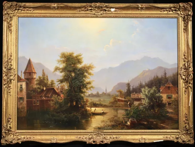 Hermann Seefisch (1816-1879) Huge Signed German Oil Canvas - Alpine Landscape