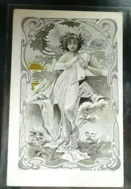 Art Nouveau Jugendstil-Diva in Blümendekor Rohlicek Sievers Prag Postkarte 1900