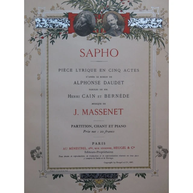 MASSENET Jules Sapho Opéra Chant Piano 1897