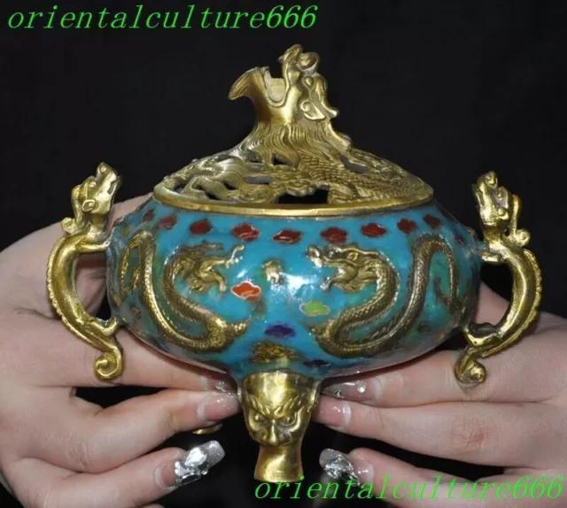 6.4"China bronze cloisonne Feng shui dragon loong Incense burner Censer statue