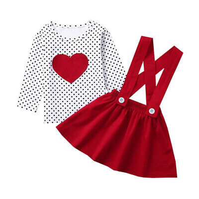 2pcs Toddler Baby Girls Outfits Dot Tops+Suspender dress Party Clothes Set