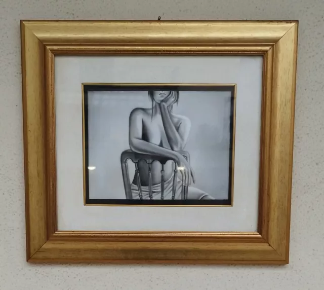 Dipinto Ad Olio Con Cornice - Donna - Nudo Di Ragazza Su Sedia