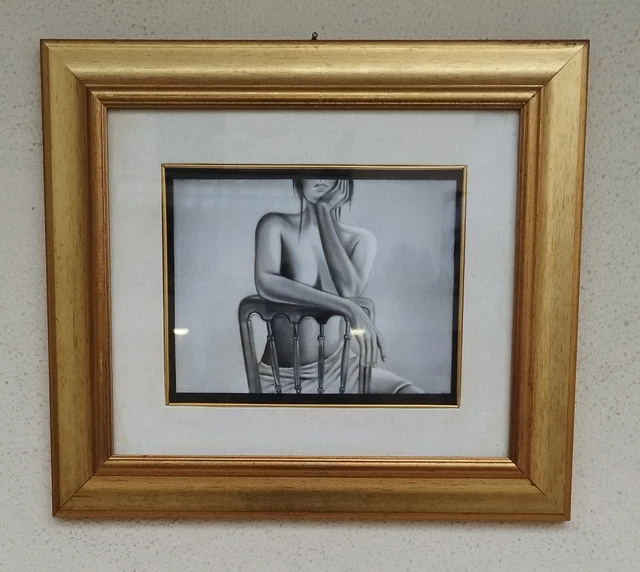 Dipinto Ad Olio Con Cornice - Donna - Nudo Di Ragazza Su Sedia