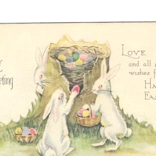 Easter Greeting Bunny Rabbits With Colored Eggs Tree Stump Gibson Lines  pc2106