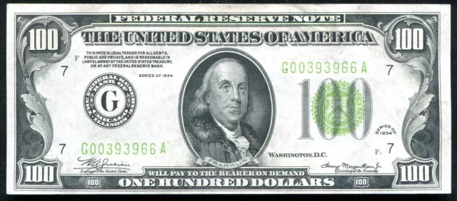 Fr. 2152-G 1934 $100 Lgs Frn Federal Reserve Note Chicago, Il Unc
