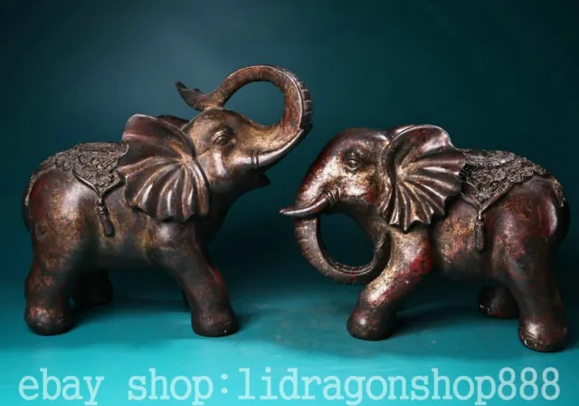 10.4" Old Chinese Copper Fengshui Animal Big Elephant Statue Sculpture Pair