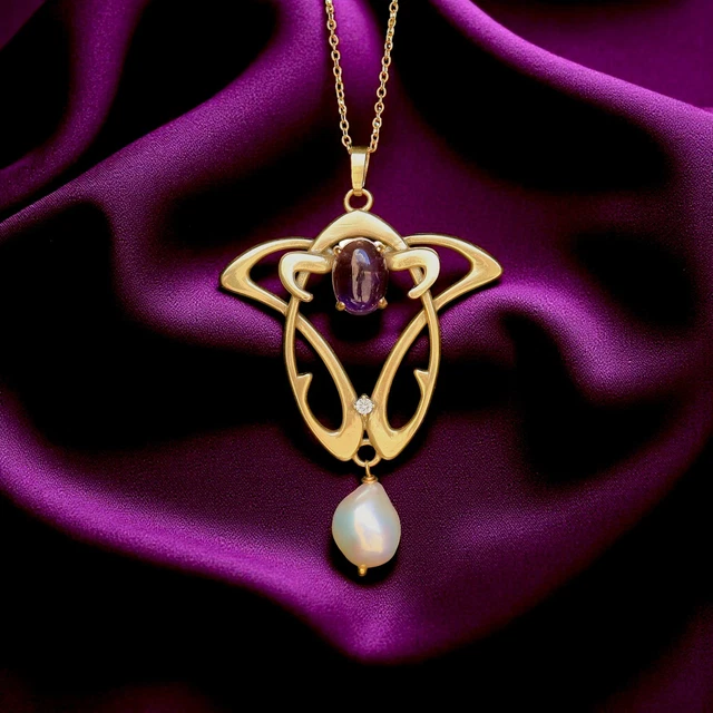 Collier Pendentif Doré Vieilli Ovale Avec Verre Orange Et Perle Véritable - Modèle SB22, Fait Main