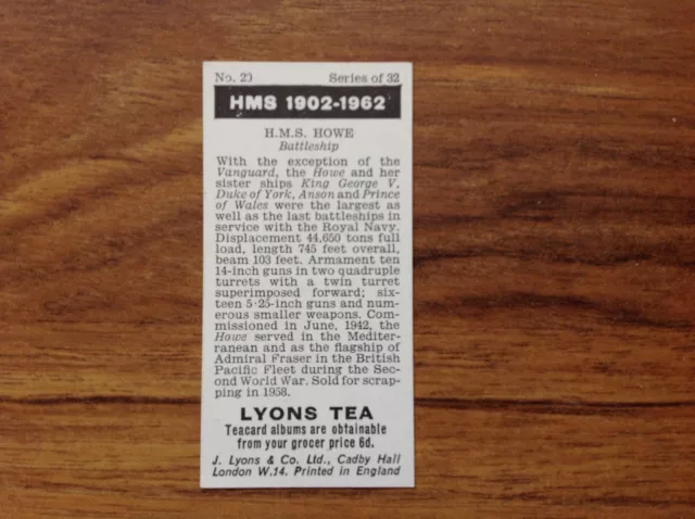HMS Howe , Lyons Tea Card. Free UK Postage 2
