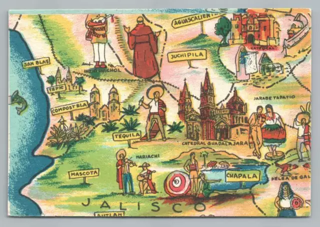 Rare Vintage JALISCO Map Postcard ~ Tequila Chapala Tepic San Blas Mexico ~1950s