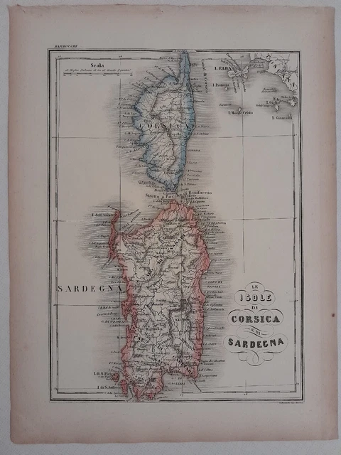 Le Isole di Corsica e di Sardegna_Originale carta del'800 del geografo Marmocchi