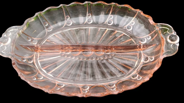 Vintage Depression Glass Pink Divided Dish Relish Bowl Oyster and Pearl