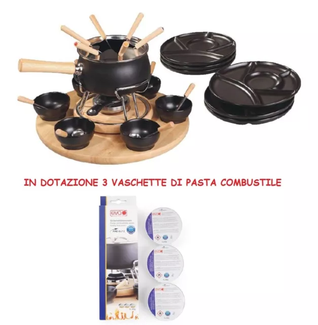 Set Fonduta 31 Pezzi Bourguignonne Eva Smaltato Nero Forchette Ciotole Piatti