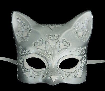 Mask from Venice Cat White Silver Florale Crafts - Luxury Painted Handmade 31