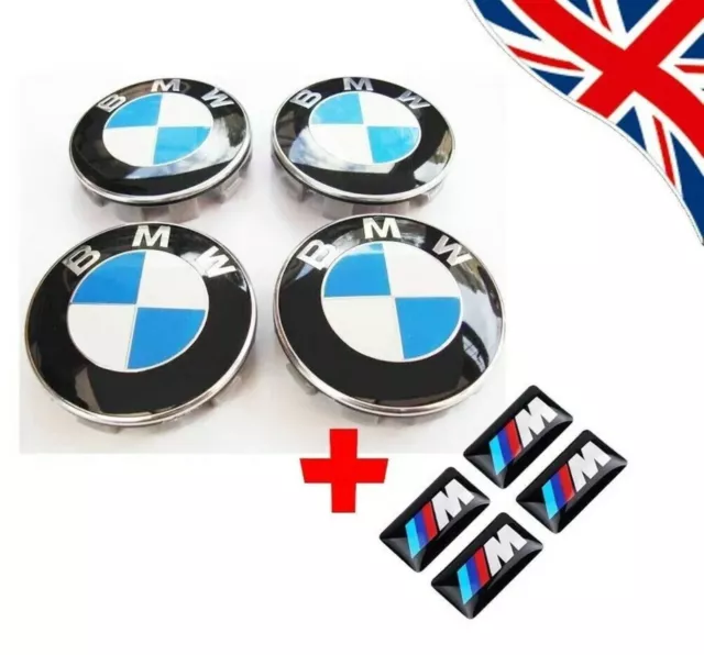 4 BMW Wheel Centre Caps + Badges Fits Most 1 3 5 7 Series X6 M3 Z4 E46 E90 68mm