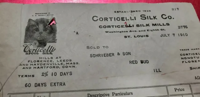 Vignette Billhead Letterhead Ephemera  Corticelli Silk Co mills Hartford  1910