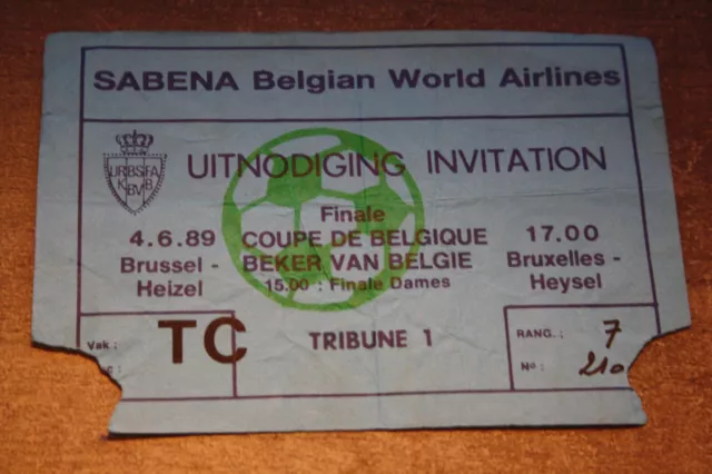 Ticket invitation )) ANDERLECHT V STANDARD DE LIEGE - finale coupe Belgique 1989