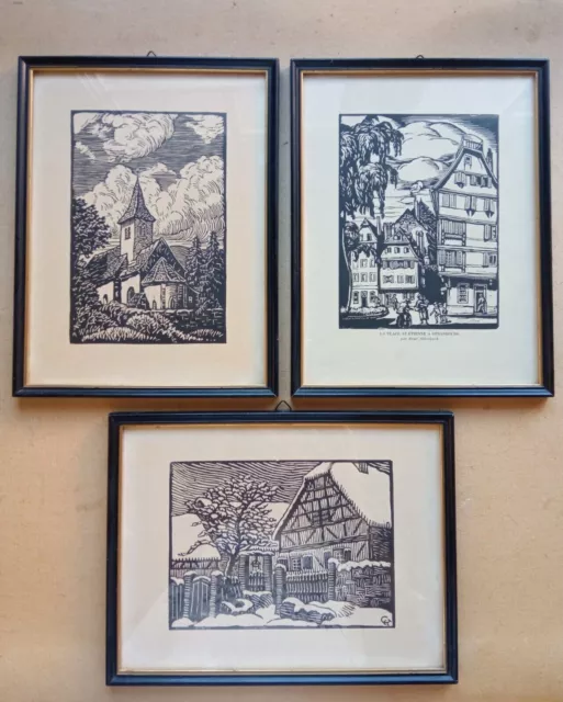 Lot de 3 petites gravures encadrées René ALLENBACH - ALSACE - STRASBOURG