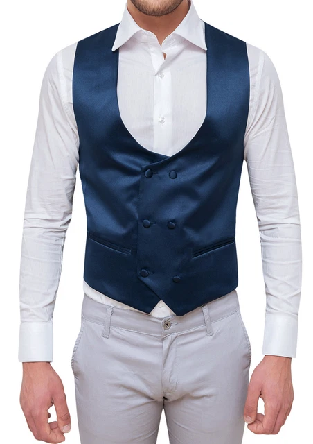 Panciotto Gilet Uomo Sartoriale Blu Doppiopetto Raso Slim Fit Elegante Cerimonia