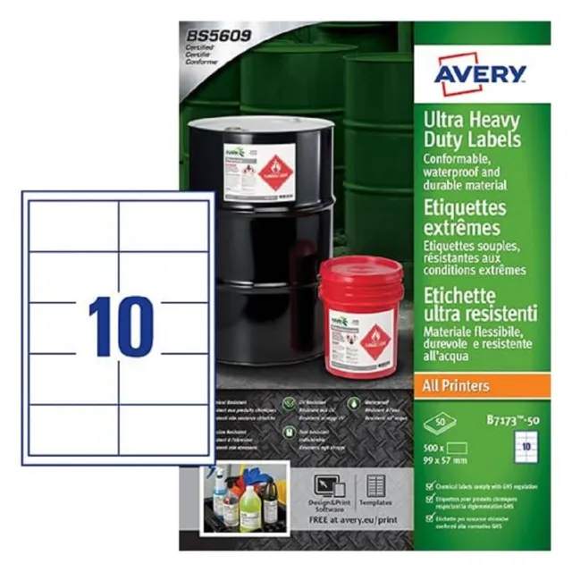 Avery B7173-50 Extra Strong Adhesive, Ultra Heavy Duty Industrial Waterproof GHS