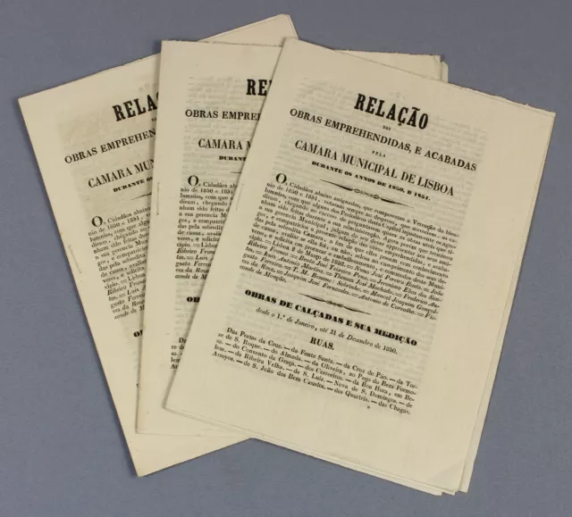 1852 municipal works in LISBON portugal | three RARE + identical news bulletins