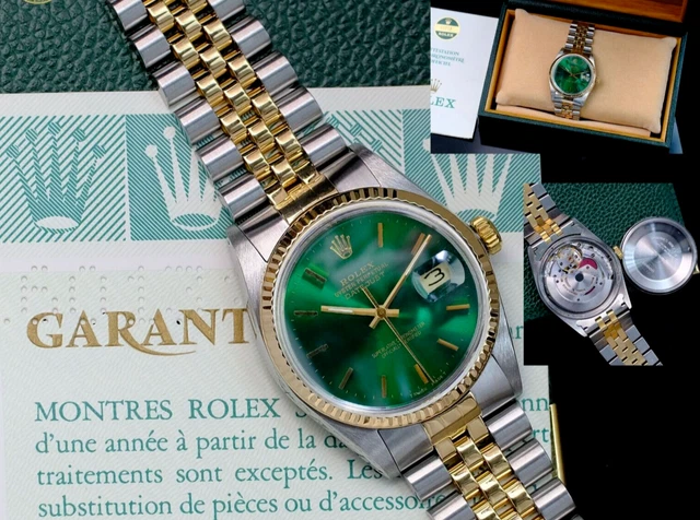ROLEX MENS DATEJUST Green Dial 18Ky Gold Fluted Bezel Watch 16013 Box Papers EUR 6.289 05 PicClick IT