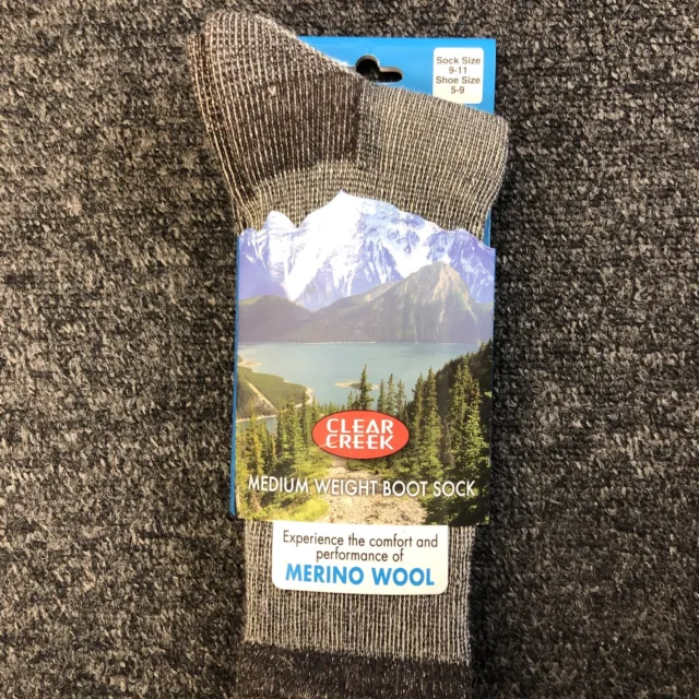 New With Tags Clear Creek Gray Boot Socks Merino Wool Blend Shoe Size 5-9