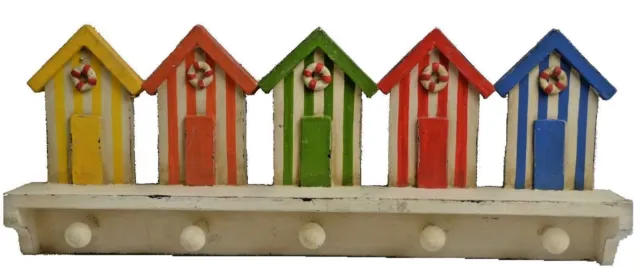 Beach Hut Shelf with 5 Hooks 17" Piece Colorful Wood Wall Hat or Key Rack