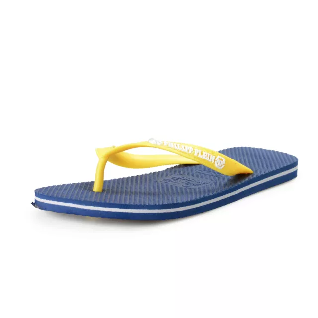 Philipp Plein Homme Bleu Marine/Jaune Caoutchouc Logo Imprimé Tongs Chaussures