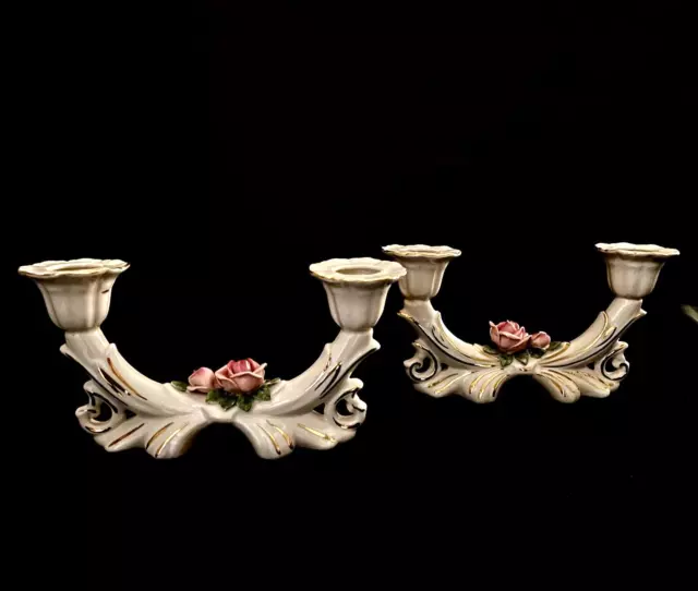 Vintage Dresden Porcelain Rose Double Candle Holder Candlestick Set of 2 Germany