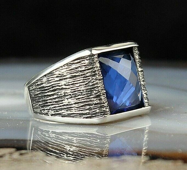 Bague pour homme faite à la main avec saphir pour homme Bague en argent...