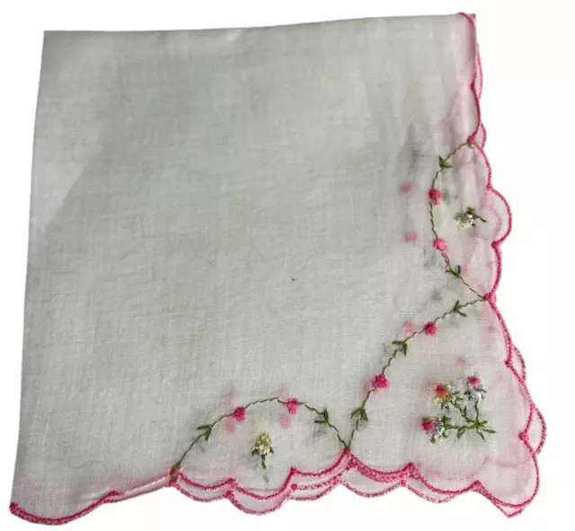 Pink Rose Buds Handkerchief Embroidered Wedding Cotton Rockabilly Flower Girl