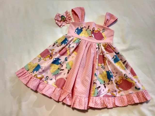 Disney Pink Princesses Boutique Toddler or Girls Twirl Dress w/matching Hairbow