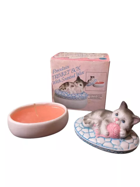 Vintage Cat Porcelain Lidded Trinket Box Vanilla Scented Wax￼ with original Box