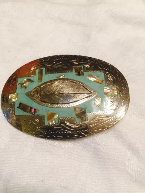 Vtg Mexico Sterling Silver Oval 3 1/4" Belt Buckle Turquoise Enamel Inlay