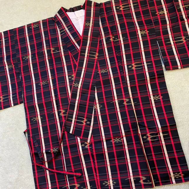 Japanese black red yellow Dochugi Haori Kimono checked Kasuri woven VTG fabric