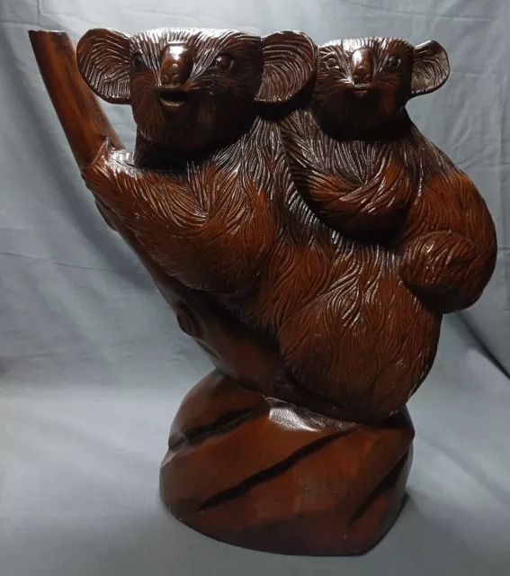 VINTAGE Large Wooden Koala With Baby Joey Statue Hand Carved SOLID Wood