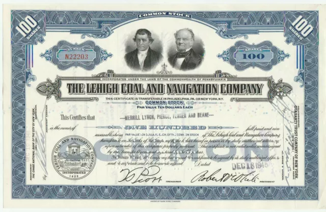 Lehigh Coal & Navigation Stock Certificate Railroad Pennsylvania